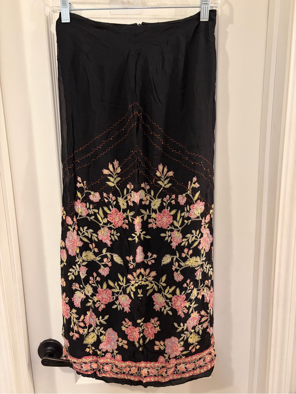 Ann Taylor Vintage Black Maxi Skirt with Pink & Green Floral Embroidery
